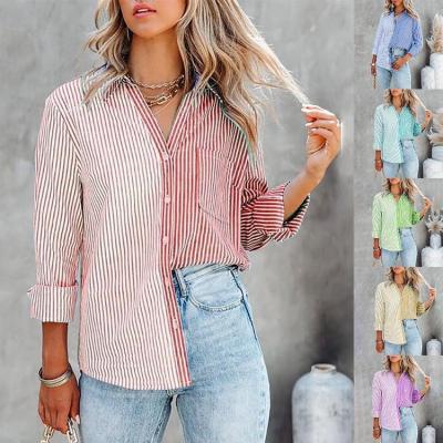 China Anti Wrinkle Women Striped Shirt Fashion Sheath Drop Long Casual Office Feminine Ladies Loose Buttons Elegant Pocket Collar Blouse Tops for sale