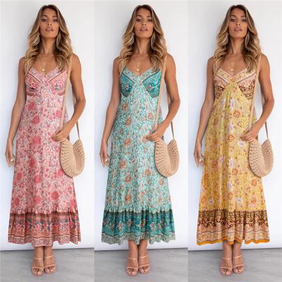 China 2021 Summer New Spaghetti Style Women Bohemian Strap Floral Dress for sale