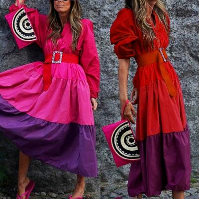 China 2021 Anti-Static Women's Chiffon V-Neck Color Patchwork Pleated Maxi Long Dress for sale