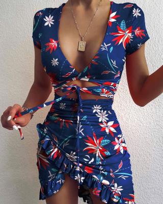 China Floral Print Breathable Fashion Tie Wrap Mini Dress 2020 Summer Ruffles Sunbathing Ruched Women's Dress Short Sleeve for sale