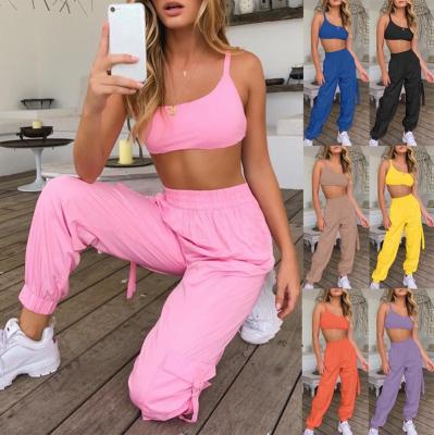 China Women Teams Summer Solid Color Breathable Sports Two Piece Sets Tops + Casual Elastic Waist Pocket Lantern Pants Pants for sale