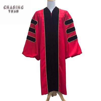 China Luxury Red Graduation Gown Doctoral Long Gown Graduation Gown With Gold Piping for sale