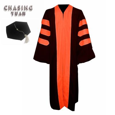 China School Wears Luxury Orange Graduation Gown With Doctoral Tam for sale