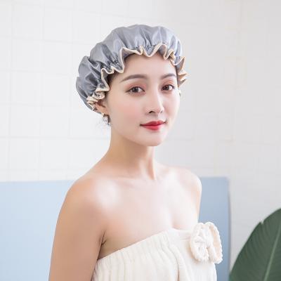 China Custom Reusable Satin Manufacturer Bath Accessories Dual Layer PE Cloth Women Viable Inner Bath Cap Reusable Waterproof Satin Shower Cap With Elastic for sale