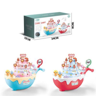 China Funny Educational Funny Toy Pretend Play Party Cake Set Toy with Music and Light Rotating Dessert Trolley Trolley Set Toy for Kids for sale