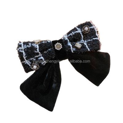 China New Fashion Ladies RTS Elegant Vintage Hair Accessories Plaid Bow Channel Wool Hair Pins With Diamond Hair Clips for sale