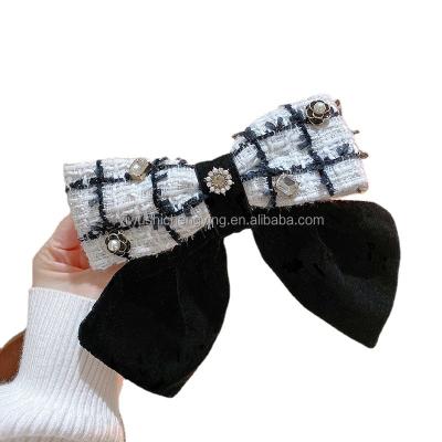 China New Fashion Ladies Hair Accessories Elegant Vintage Plaid Bow Channel Wool Hair Pins With Diamond Hair Clips for sale