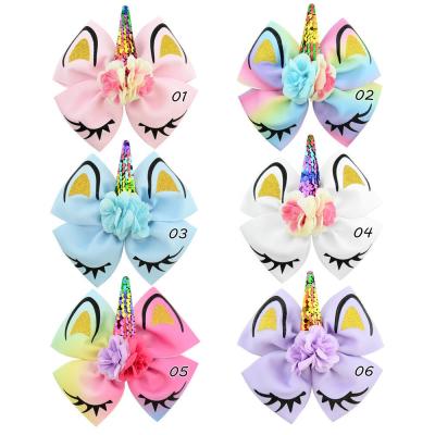 China Fashion Amazon children's flip sequin bronzing unicorn fabric simulation flower bow hairpins three-dimensional hair clips for sale