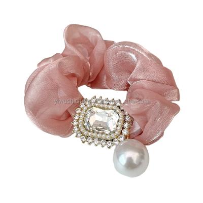 China Fashion RTS New Style Multicolor High Quality Pearl Satin Elastic Hair Bands With Rhinestone Hair Ties Satin Hair Rope Scrunchies for sale