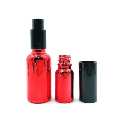 China OEM/ODM 30ml Personal Care RED Plating Essential Oil Glass Bottle With Aluminum Spray Dropper Cap For E Liquid for sale