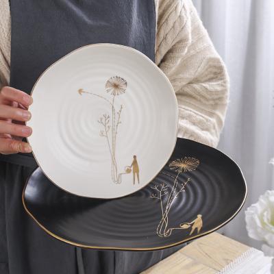 China Sustainable Livingware Dinnerware Gold Rim Black White Ceramic Kitchen Ware Sets Porcelain Dinnerware Ceramic Dishes for sale