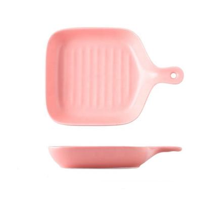 China Sustainable Food Bowl Pink Pan Frying Porcelain Risotto Bakeware Square Baking Dish for sale