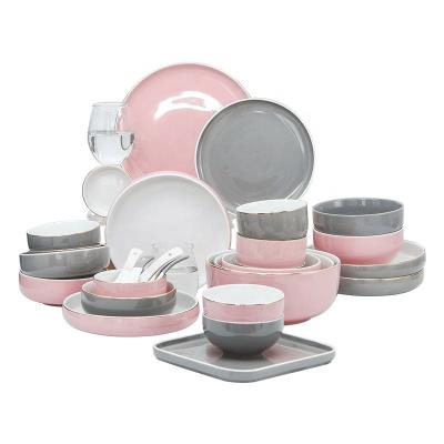 China 32 Pieces Classic Tableware Family Restaurant Hotel Sustainable Dinner Sets Dish Ceramic Bowls Pottery Round Cutlery Dishes and Bowls for sale