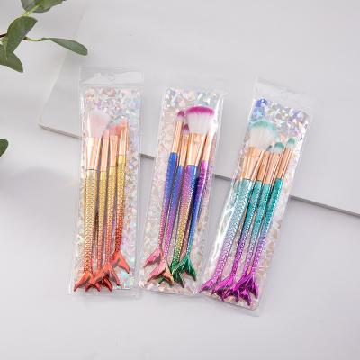 China Angular Blush Colorful Mermaid Metal Handles Nylon Hair 5pcs Plastic Handle Mermaid Makeup Brush Set Fishtail Gradient Makeup Brushes for sale