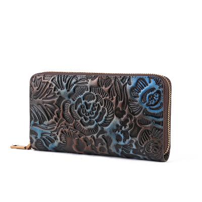 China Black Genuine Real Leather Logo Wear Resistant Custom Multifunctional Vintage Embossed Long Business Purse Wallet for sale