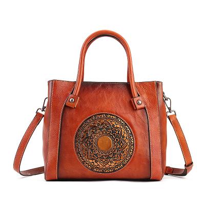 China Vintage Genuine Leather Handbag for Women, Retro Embossing Italian Mandala Purse Designer Purse Organizer Handmade for sale