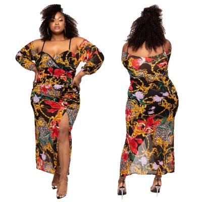 China Viable New Design Hot Sale Floral Print Ties Dress Summer Polyester Side Split Screen Printing Irregular Plus Size Women's Dresses for sale