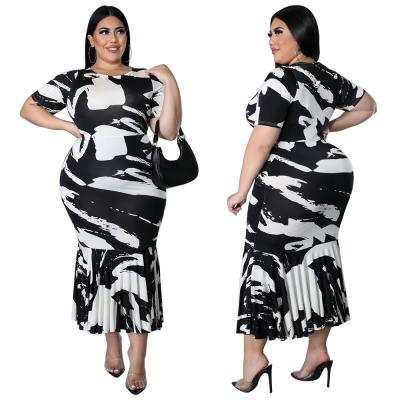 China New Arrivals Summer Casual O-neck Sleeve Print Ruffle Short Dress Plus Size Women's Dresses for sale