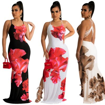 China Wholesale Anti-Static Floral Print Wholesale Women's Backless Elegant Women's Casual Dresses Maxi Slit Dress Sleeveless Elegant Lady for sale