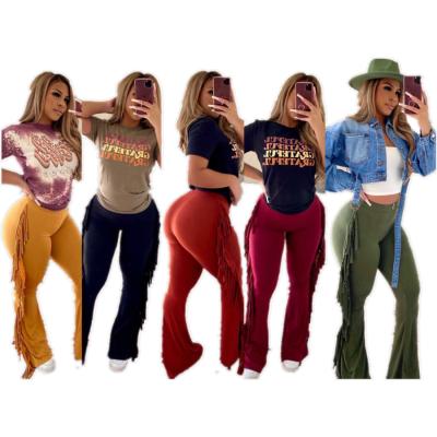 China hot summer Anti-wrinkle mid waist pants casual fashion sexy high street women tassels long pants female trousers flare pants for sale