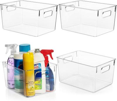 China Sustainable Household Clear Pantry Fridge Organizer Fridge Plastic Food Storage Basket Bins With Cutout Handles Plastic Trash Can for sale