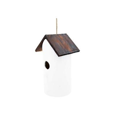 China Sustainable Ceramic And Wood House Bird Feeder Custom White Hanging Bird Feeder for sale