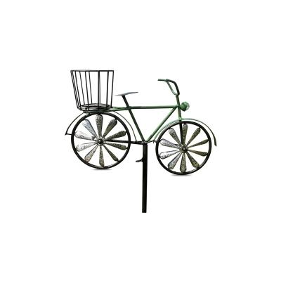 China Handmade Green Bike Garden Stake Spinning Wheels Stake Vintage Style 3D Metal Bicycle Wind Spinner Stake for sale