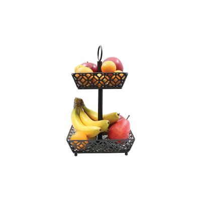 China Household 2 Tier Fruit Dish Countertop Metal Fruit Basket Black Vintage Sustainable Modern Style Tray Stand Storage Basket for sale