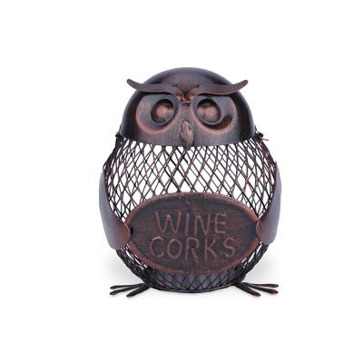 China Modern Owl Shape Iron Viable Art Creative Craft Home Decor Mesh Wine Cork Holder Metal Sculpture Container for sale