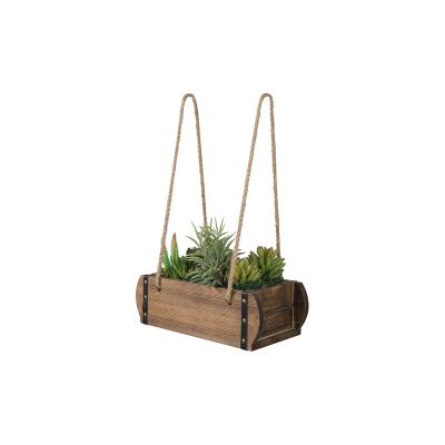 China Eco-Friendly Rustic Burnt Wood Wall Hanging Planter Plant Pot with Rope and Metal Accent Vintage Style Garden Decoration for sale