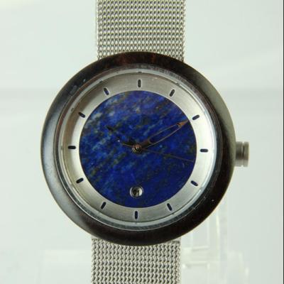 China Charming Ebony Wood Bezel Day/Date 2018 Stainless Steel Case Dial Blue Marble Watch With Mesh Band for sale