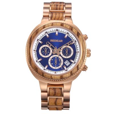 China High Quality Chronograph Stainless Steel And Zebra Wood Watch Luxury Quartz Wrist Watch for sale