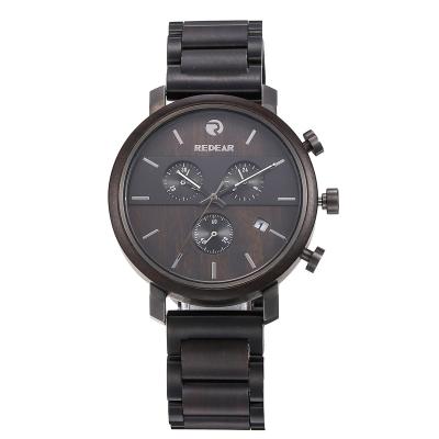 China Multifunctional Chronograph Stainless Steel Case With Wooden Band Quartz Wristwatch for sale