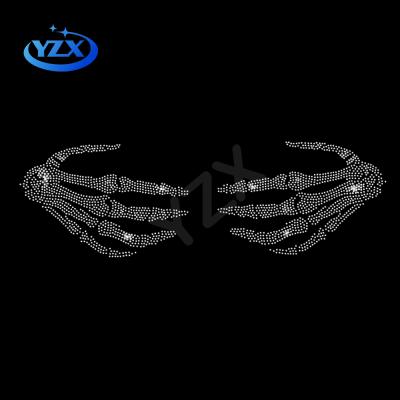 China Bling Nickel Free Hot Fix Skeleton Rhinestone Hand Skeleton Skull Pattern Iron On Patch Design for sale