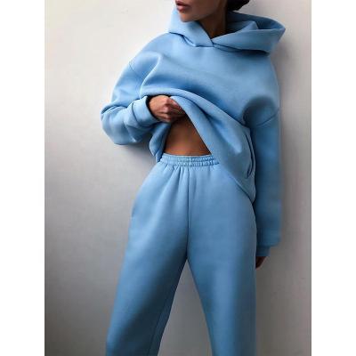 China Custom Blue Anti Pilling Autumn Winter Jogger Sweat 2 Piece Women Workout Sets Oversized Hoodie Women Sweatshirt for sale