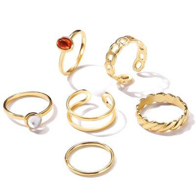 China New personality chain CLASSIC creative simplicity retro ring red and white agate stone ring 6 pieces set for sale