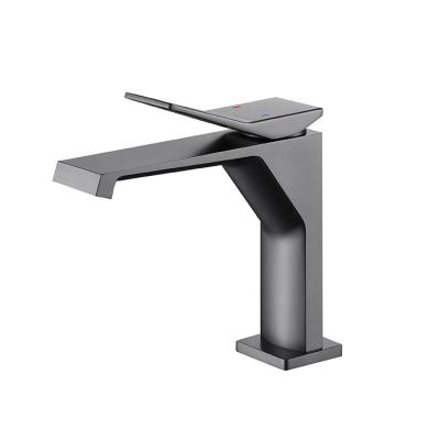 China Hot And Cold Design Waterfall Bathroom Sink Faucet Spout Brass Apron Brushed Gray Basin Faucet for sale