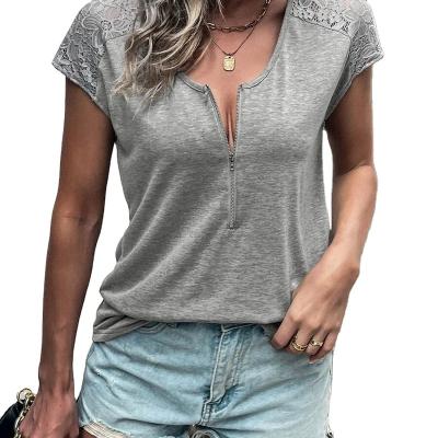 China Anti-wrinkle 2022 European and American short-sleeved T-shirt spring and solid color round neck summer new half lace zipper for sale