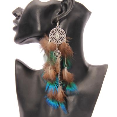 China BOHEMIA hand made colorful stylish hook dangle earring cuff nature feather chain earrings for sale