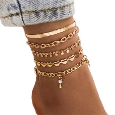 China BOHIME hollowed out inlaid love anklet wafer snake chain with diamond key tassel pendant 5 piece anklet set anklet for sale