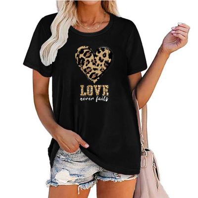 China QUICK DRY Women's Polyester Round Neck Leopard Print Heart Print Black Casual Short Sleeve T-Shirt for sale