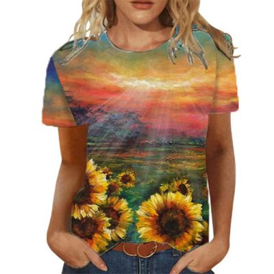 China Top Selling Custom Women QUICK DRY Printing T Shirt Round Neck Short Sleeve Sunflower Print T Shirts for sale