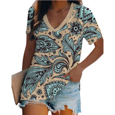 China QUICK DRY Short Sleeve Fashion V-Neck Ladies Summer Loose Casual T-shirt Digital Printing High Quality Short Sleeve for sale