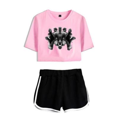 China QUICK DRY Casual Women's Pink Animal Crop Printing Top Shorts Sheath Casual Two-Piece Sports T-shirt Suit for sale