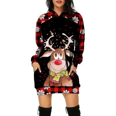 China New Breathable Ladies Christmas Elk 3D Digital Printing Mid Length Hoodie Autumn Loose Sweater Dress for sale