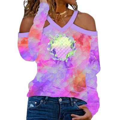 China QUICK DRY High Quality Autumn Ladies V-Neck Halter Tie Dye Print Loose Casual Long Sleeve T-Shirt for sale