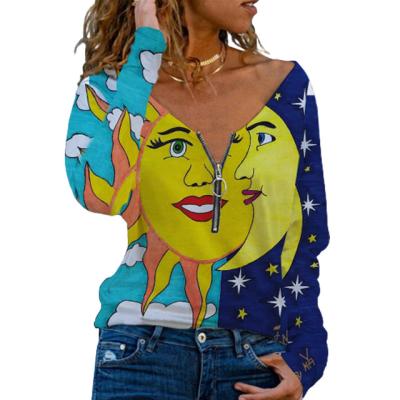 China QUICK DRY Women's Sexy Half Sleeve V-neck Digital Printing Long Sleeve T-Shirt for sale