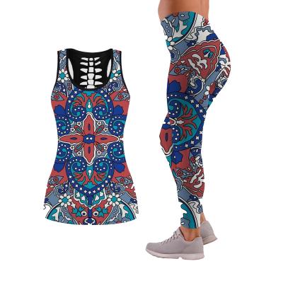 China New Fashion Antibacterial Yoga Wear Ladies 3D Digital Printing Hollow Vest Yoga Pants Sports Suit for sale