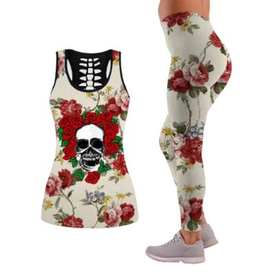 China Seamless Ladies personality skull 3d digital printing hollow vest leggings sports yoga suit two-piece set for sale