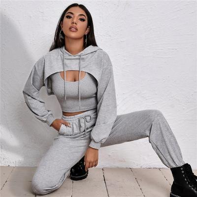 China Anti-pilling Best Selling Sport Set Women 2020 Three Piece Set Womens Apparel Joggers Set With Crop Top For Women for sale